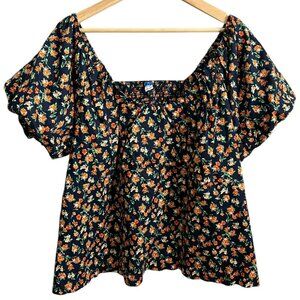 Old Navy Floral Babydoll Puff Sleeve Blouse Navy 3X‎ Cottagecore Preppy Feminine